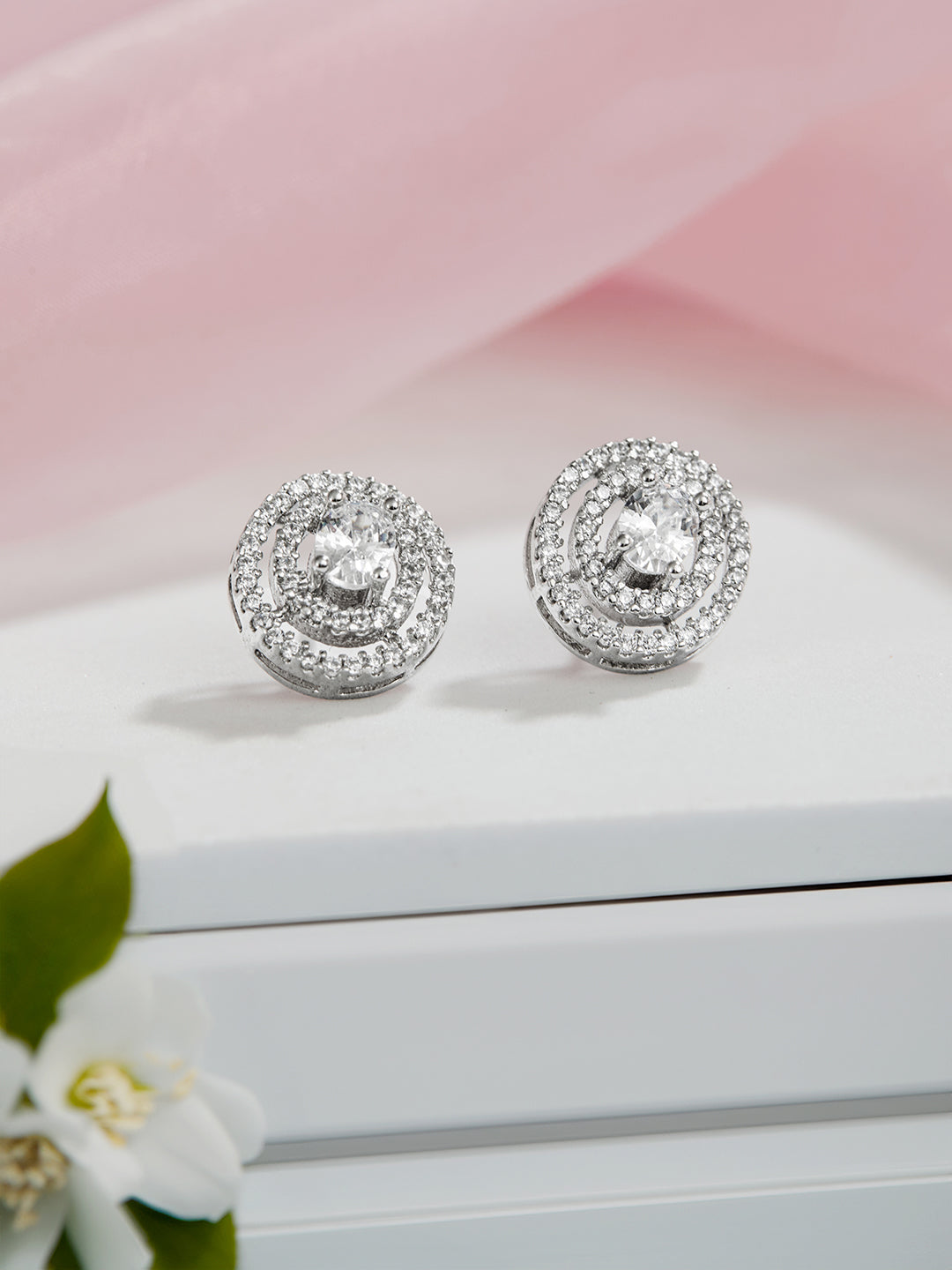 925 Sterling Silver Cubic Zirconia Concentric Circular Studds Earring